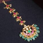Jadau Kundan Long Tikka with Emerald Bead Drops - Image 2
