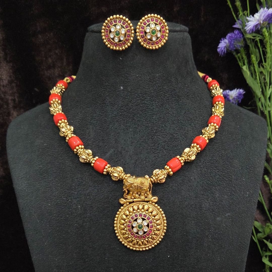 Untitled design (13) Coral Nakshi Necklace - No God Motif - Image 1