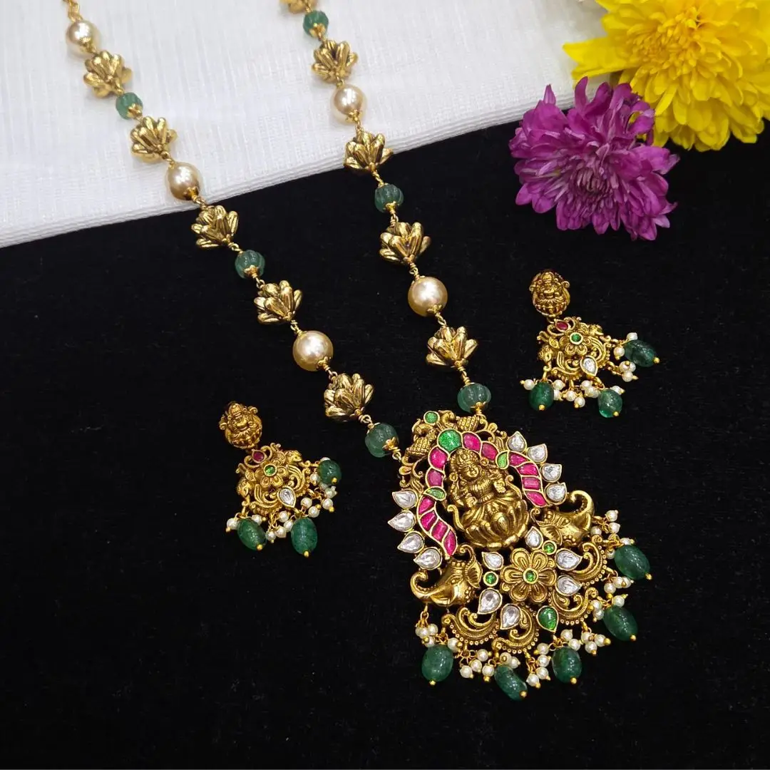 Untitled design (3) Nakshi Pearl Mala with Kundan Pendant - Image 1