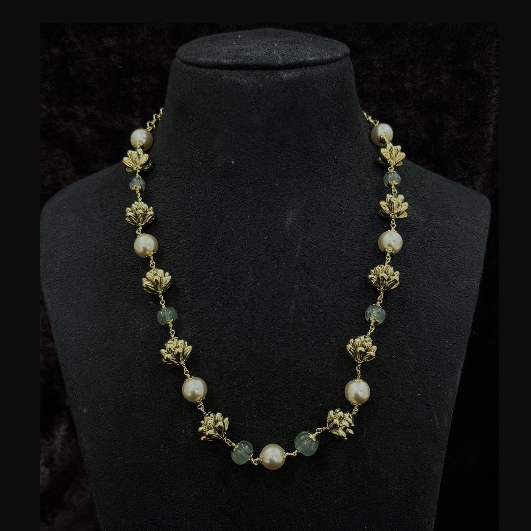 Untitled design - 2026-03-13T184817.369 Pearl Floral Gold mala 18inch - Image 1