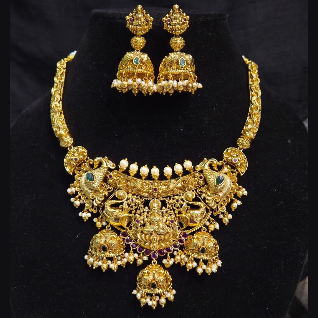 2450 Antique Gold Lakshmi Peacock Temple Choker Set - Image 1