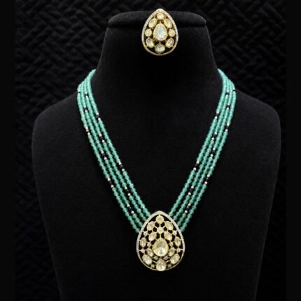 Polki Teardrop Pendant Beaded Long Necklace Set