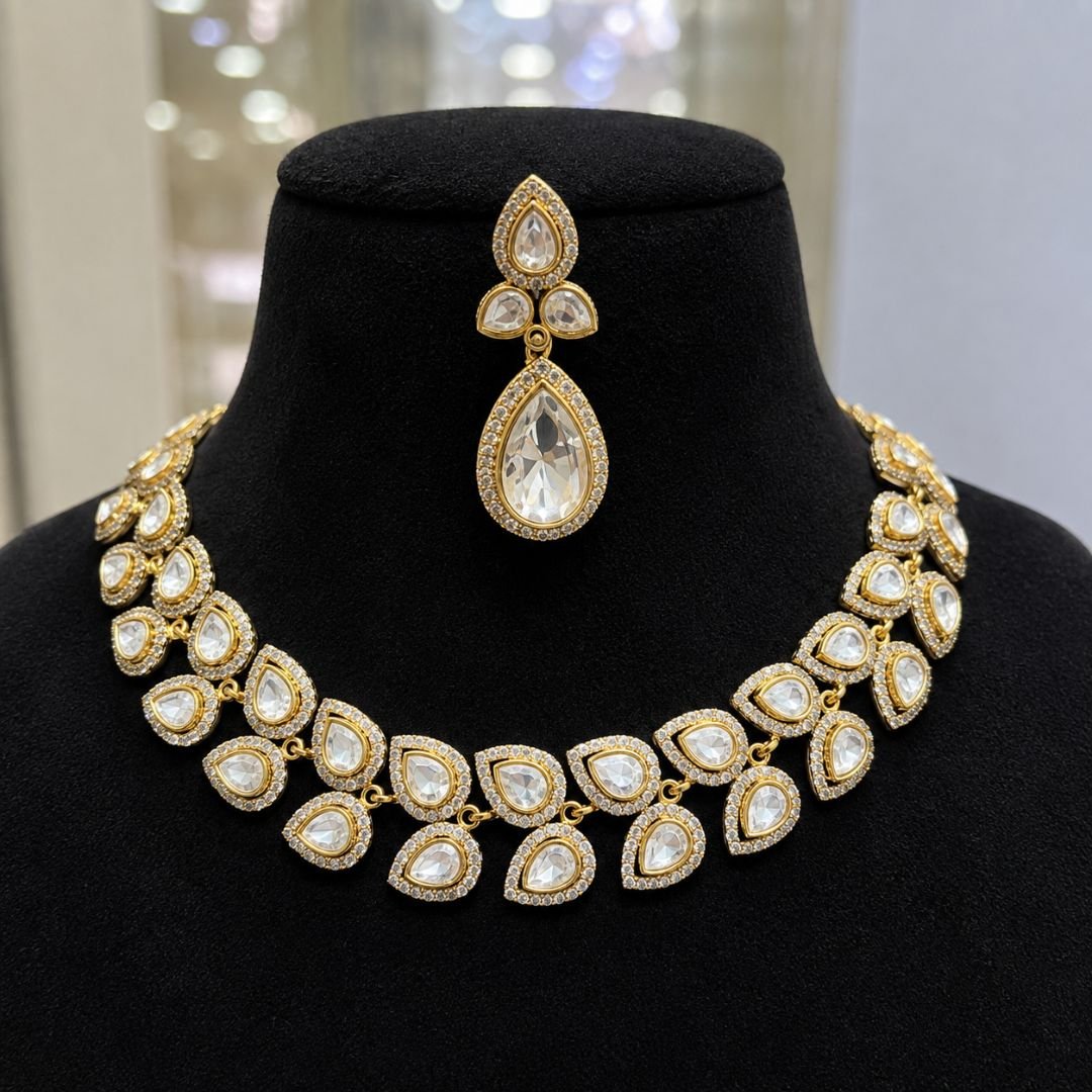 Untitled design - 2026-09-04T080220.284 Polki Double-Layer Teardrop Choker Necklace Set - Image 1