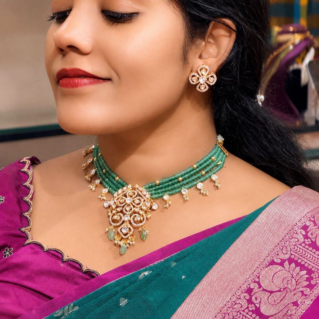 Untitled design - 2026-09-04T083247.638 Polki Green Beaded Choker Necklace Set - Image 1
