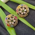 CZ Navratna Style Multicolor Meenakari Circular Stud Earrings.