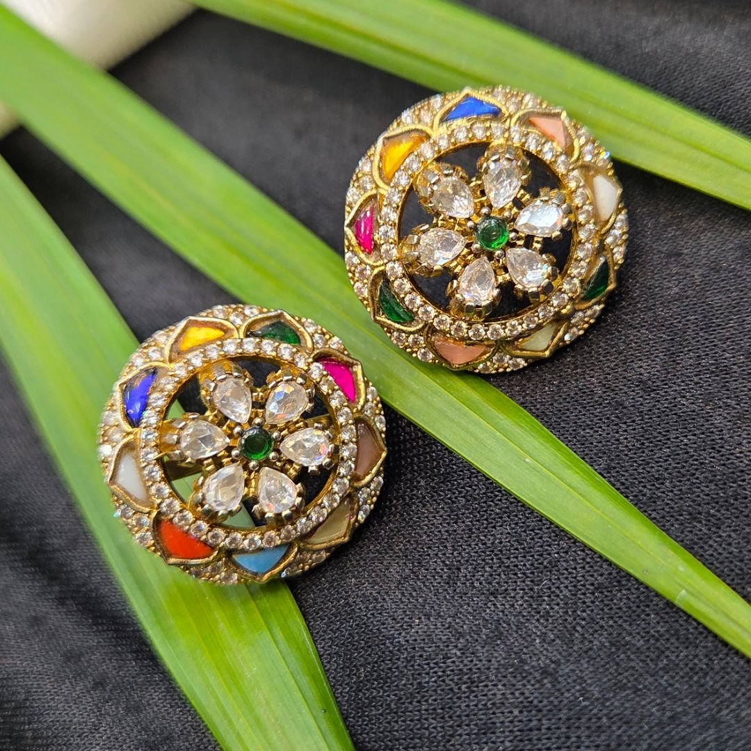 Untitled design - 2026-09-12T145241.447 CZ Navratna Style Multicolor Meenakari Circular Stud Earrings. - Image 1