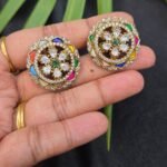 CZ Navratna Style Multicolor Meenakari Circular Stud Earrings. - Image 2