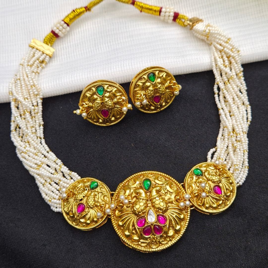 Untitled design - 2026-09-12T151039.227 Peacock Nakkashi Multi-Strand Pearl Choker Set - Image 1