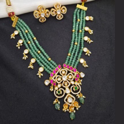 Polki Openwork Floral Pendant Multi-Strand Green Bead Necklace Set