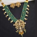 Polki Openwork Floral Pendant Multi-Strand Green Bead Necklace Set - Image 2
