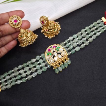 Peacock Brooch Multi-Strand Green Bead Choker Set