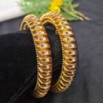 Antique Gold Temple Ruby Pink & White Kundan Ribbed Openable Screw Bangles - Image 3