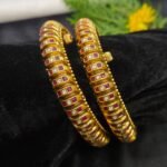 Antique Gold Temple Ruby Pink & White Kundan Ribbed Openable Screw Bangles