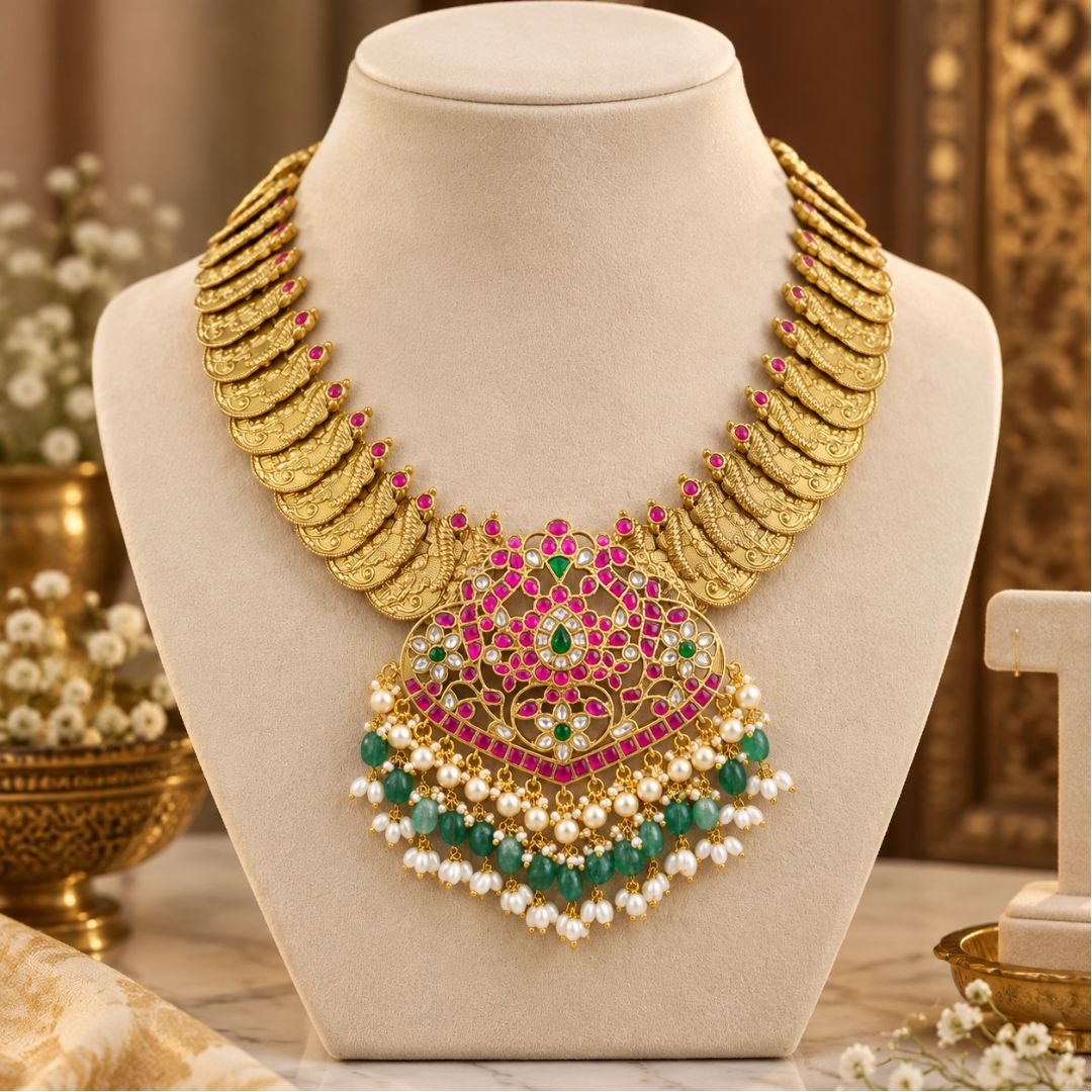 Untitled design - 2026-09-24T142334.823 Antique Gold Temple Mango Coin Necklace Set - Image 1