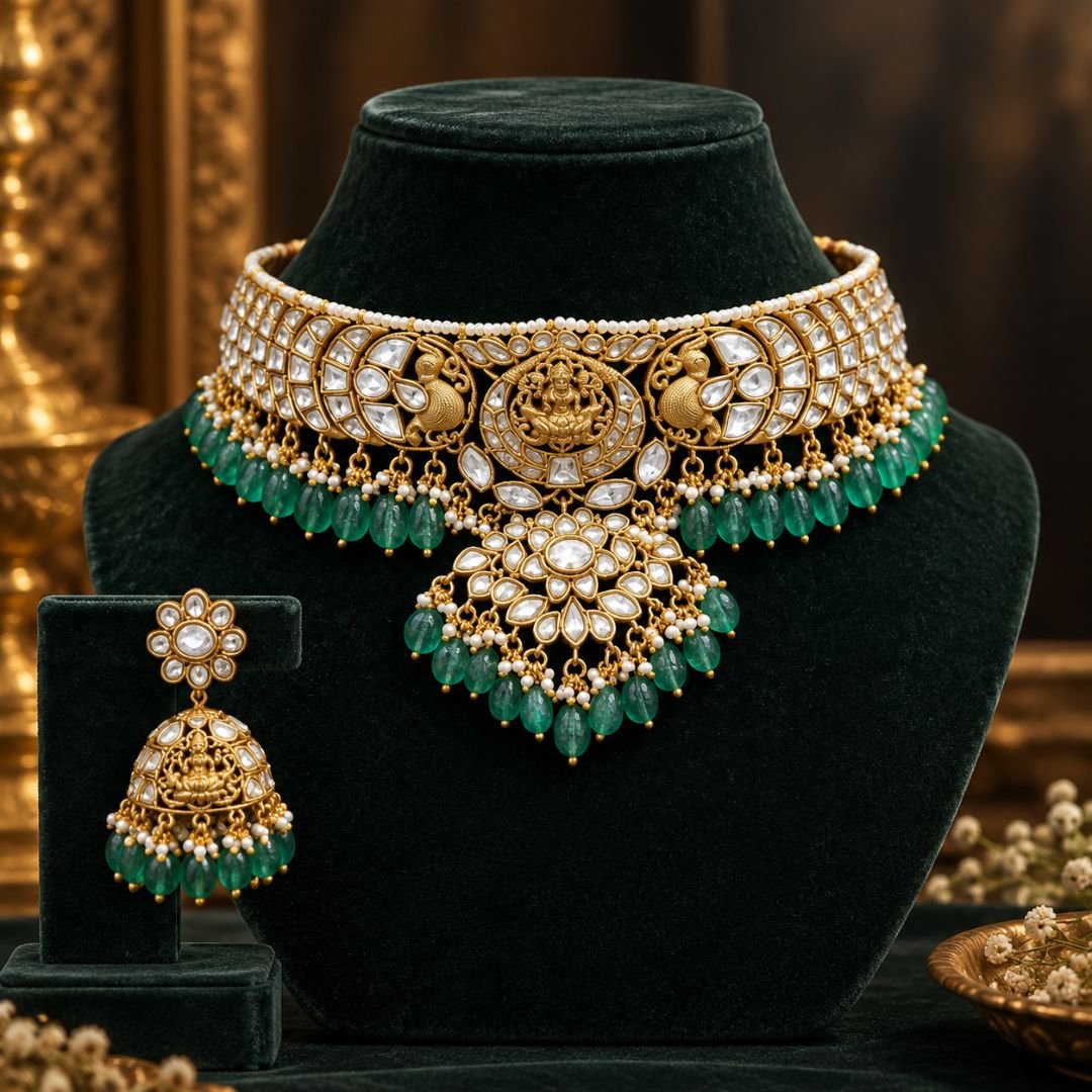 Untitled design - 2026-09-24T150549.184 South Indian Temple Style Kundan Statement Broad Choker Set - Image 1