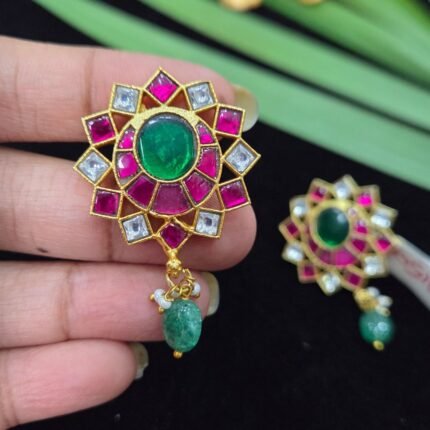 Jadau Kundan Ruby & Emerald Sunburst Stud Earrings