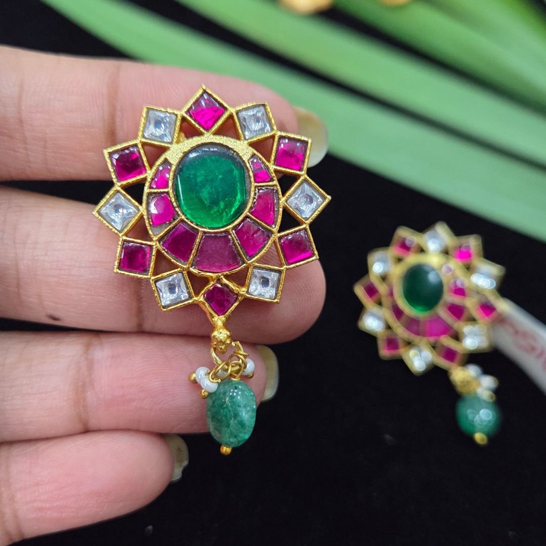 1150 Jadau Kundan Ruby & Emerald Sunburst Stud Earrings - Image 1