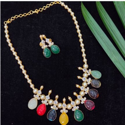 Navratna Carved Gemstone Teardrop Necklace