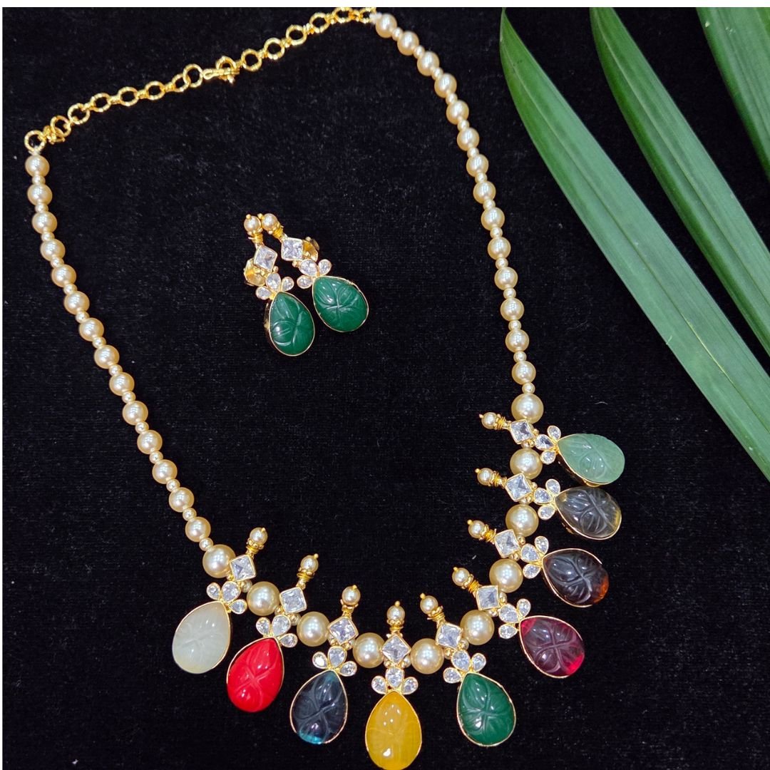1950 Navratna Carved Gemstone Teardrop Necklace - Image 1