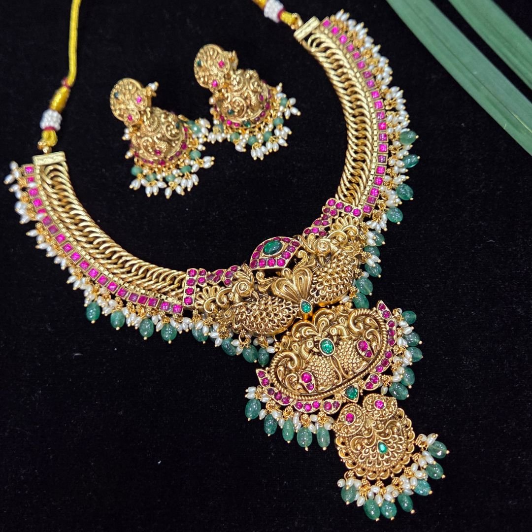 6000 Antique Gold Temple Nakkashi Peacock Necklace Set - Image 1