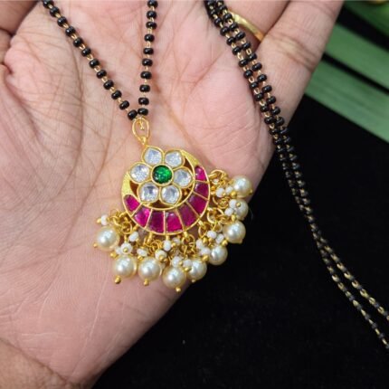 Jadau Kundan & Pearl Hangings Black Beads Mangalsutra